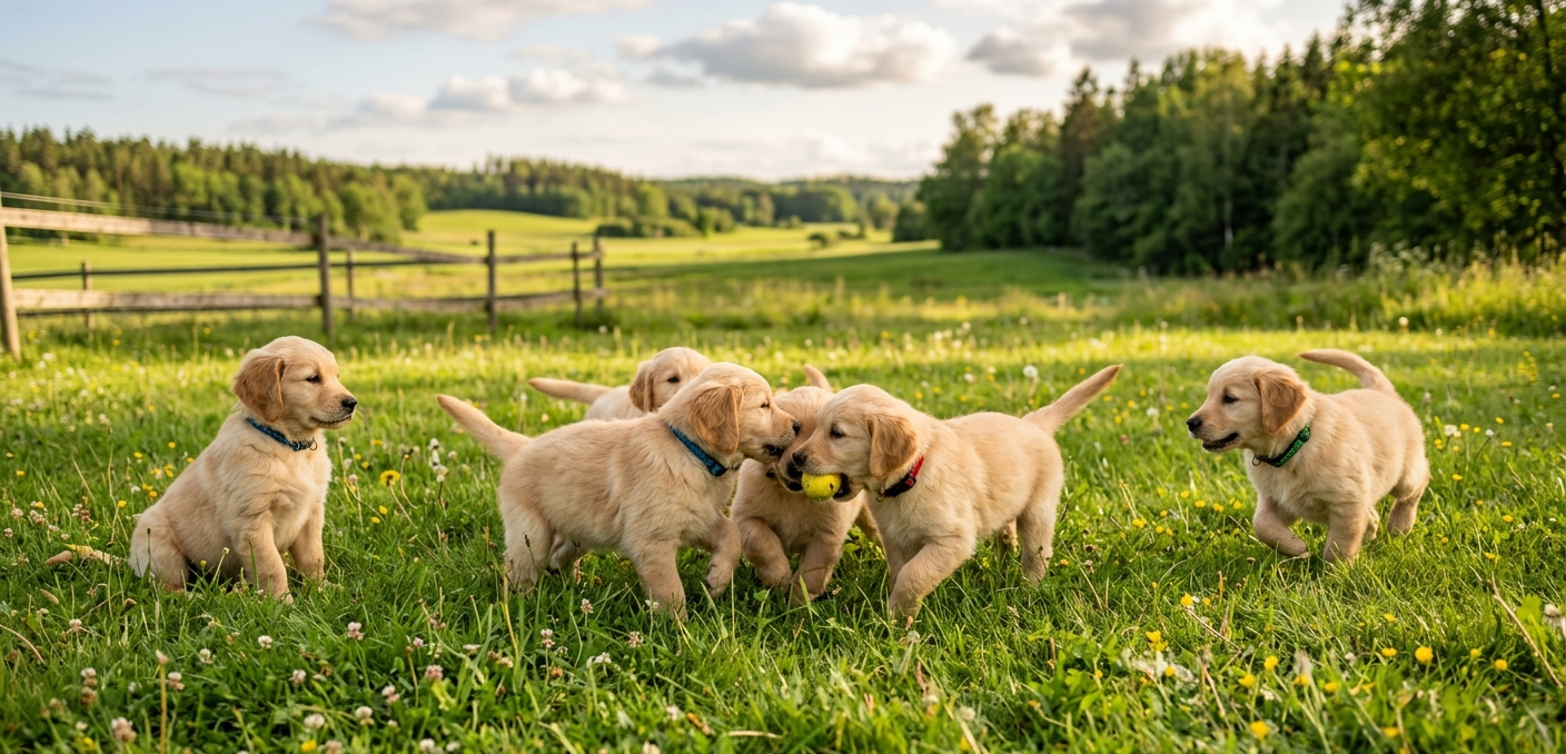 Golden Retriever-valpar leker på gräset