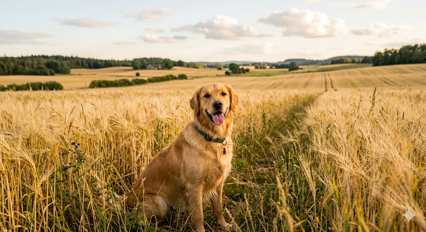 Golden Retriever sittande i en sommaräng vid solnedgång